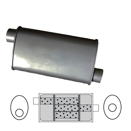 Redback 2" Universal Muffler Offset/Centre 457x203x101mm Oval Aluminised Triflow With Spigots