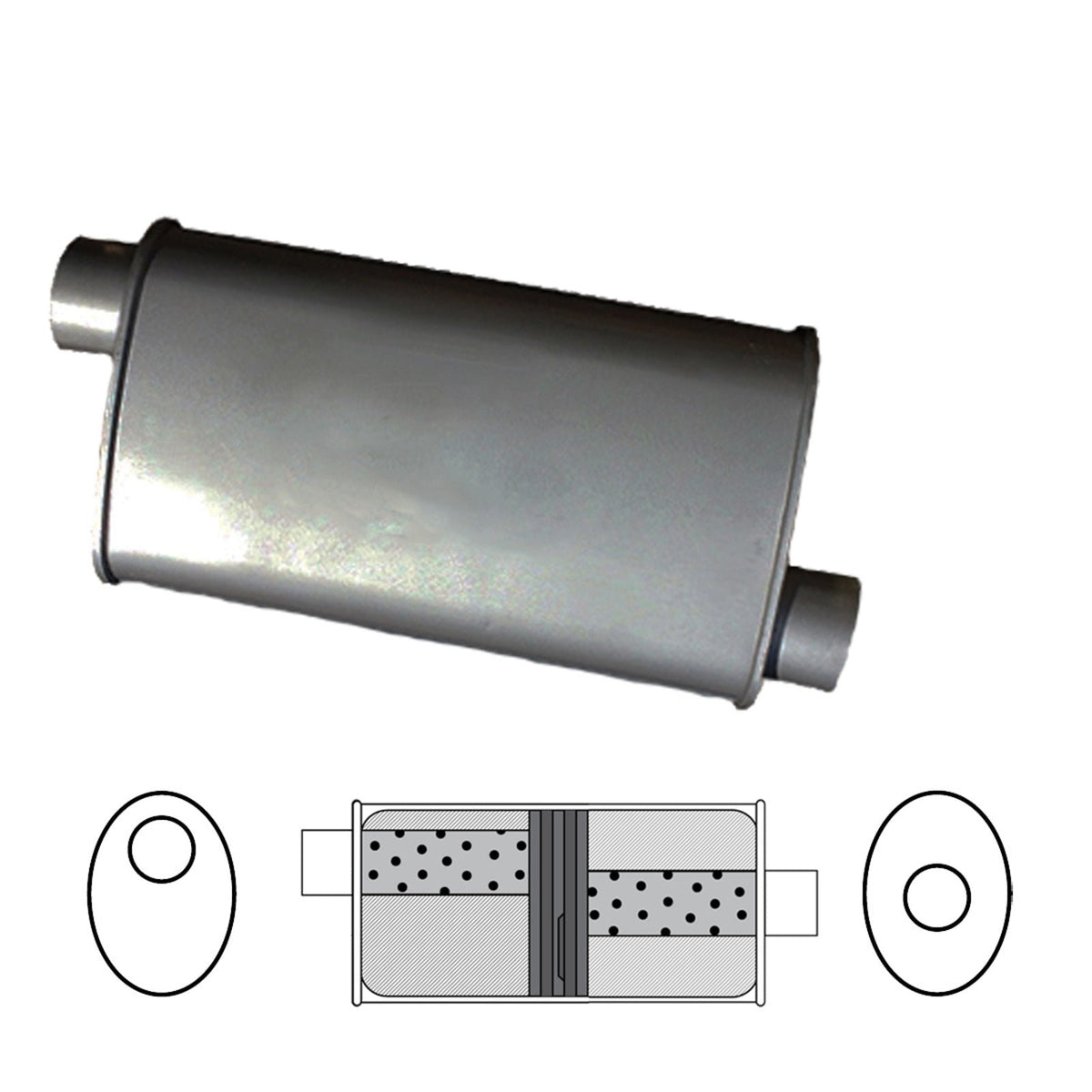 Redback 2 1/4" Baffled Universal Muffler Offset/Centre 355x203x101mm Oval Aluminised Steel Glass Packed