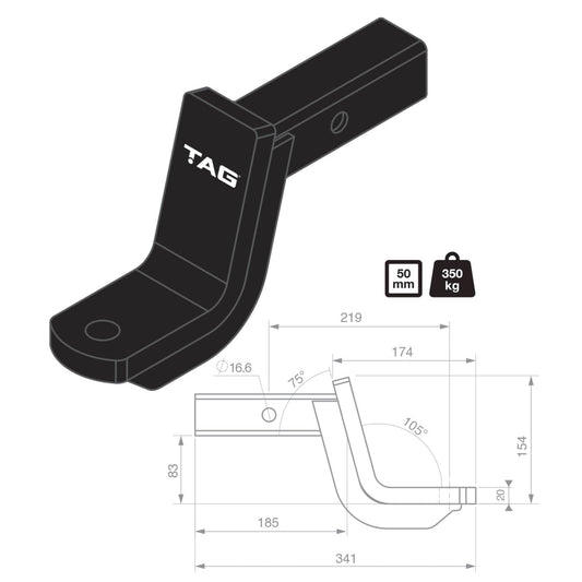 TAG - Tow Ball Mount - 219mm Long, 88mm Drop, 50mm Square Hitch