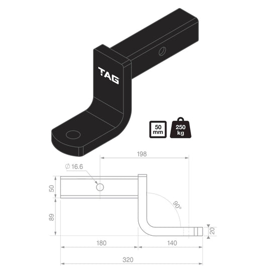 TAG - Tow Ball Mount - 198mm Long, 90° Face, 50mm Square Hitch
