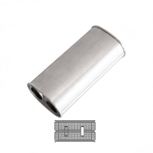 MSA Universal Muffler - 2.5" Twin In Twin Out 9” X 5” Oval - 16” Long Straight Through