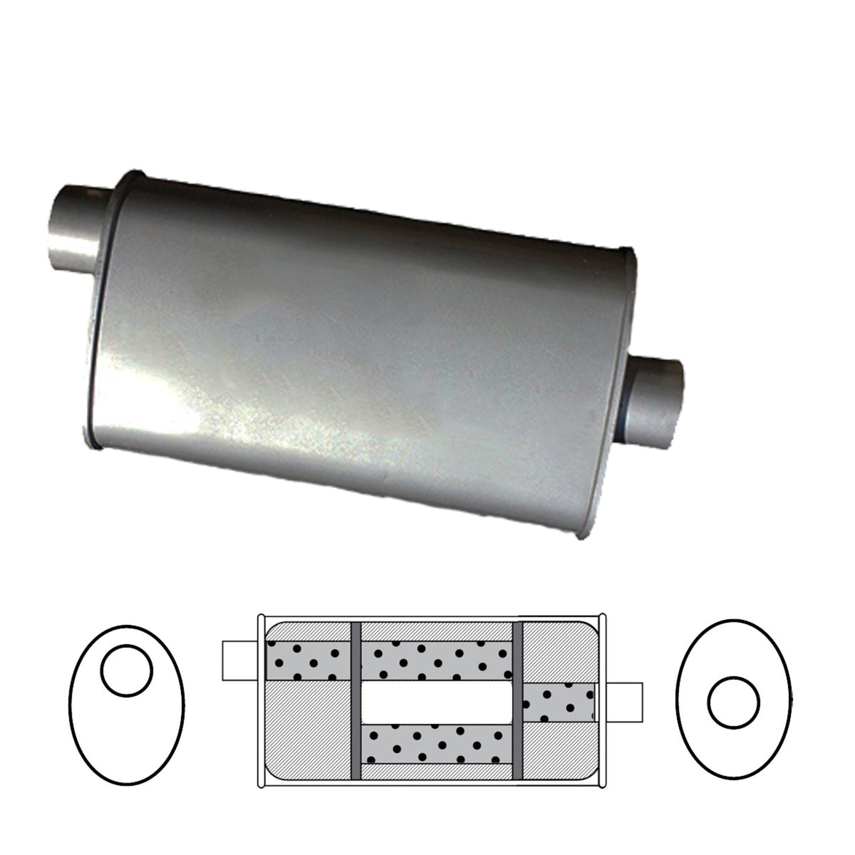 Redback - 8" x 5" Oval, 22" Long, 2 1/4" Offset/Centre Turbo Flow Universal Muffler Aluminised Steel Without Spigots