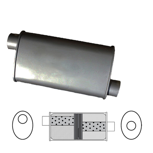 Redback - 2 1/4" Baffled Universal Muffler Offset/Centre 355x203x101mm Oval Aluminised Steel Glass Packed