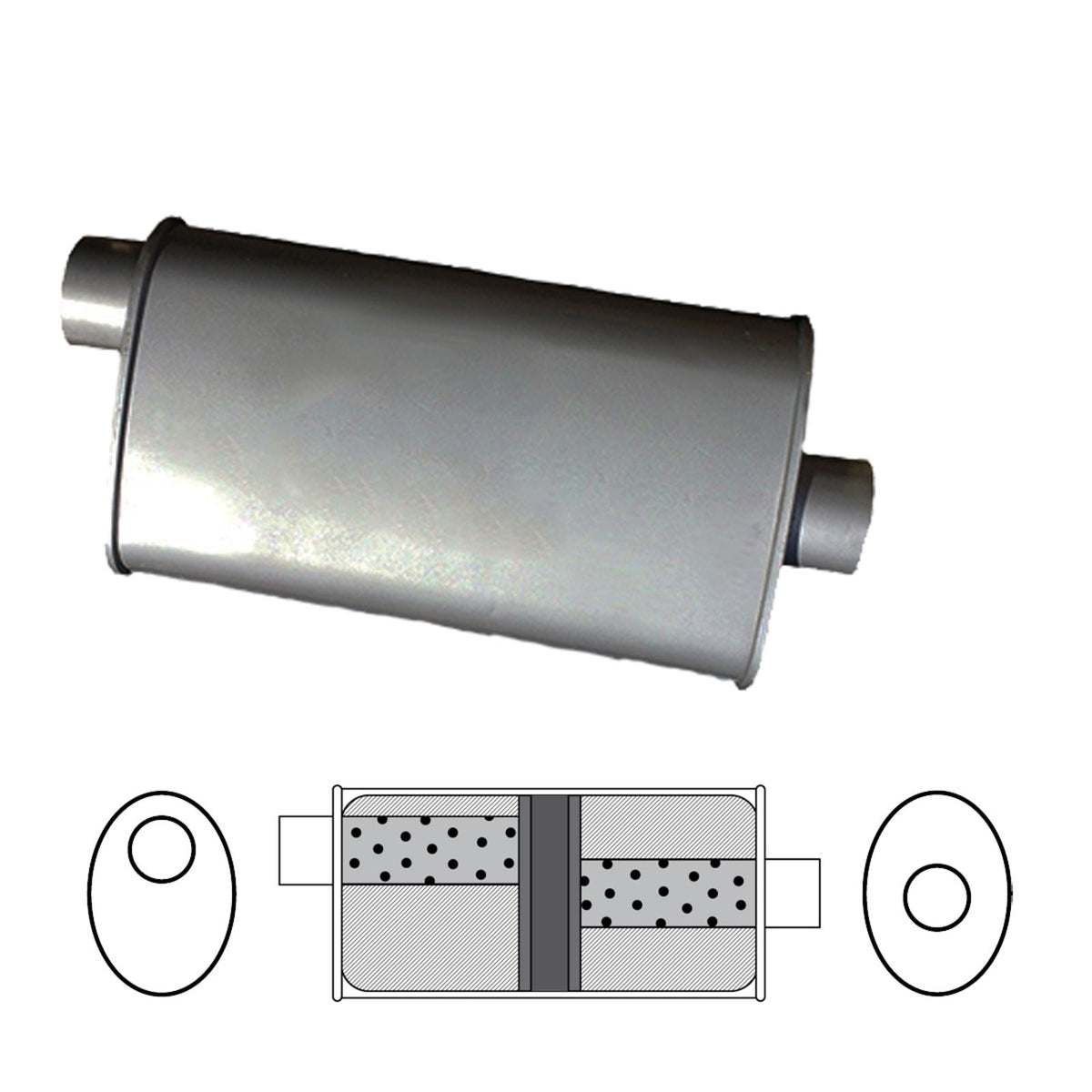 Redback - 2.5" Chambered Universal Muffler Offset/Centre 14"x8"x4" Oval Aluminised Steel
