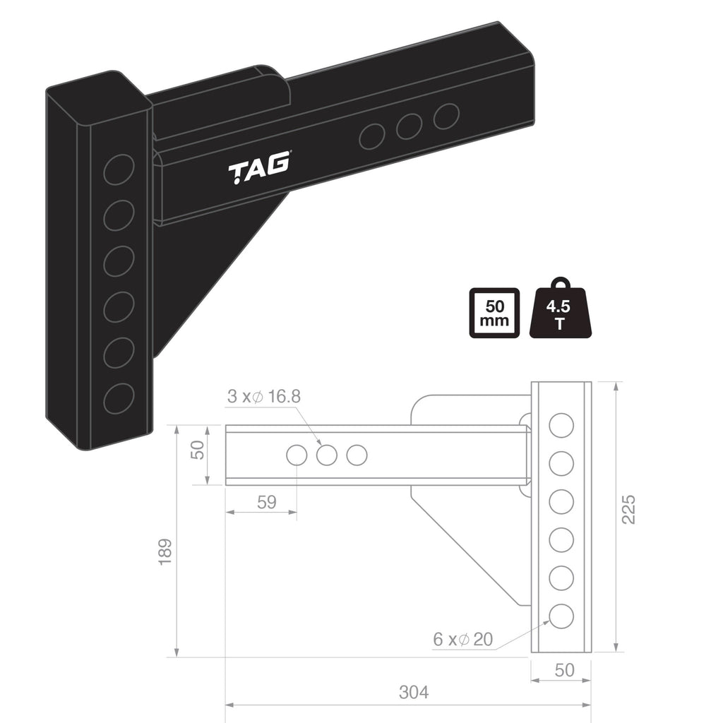 TAG - Adjustable Heavy Duty Tow Ball Mount 90° Face, 50mm Square Hitch - 174mm Drop, 199mm Rise