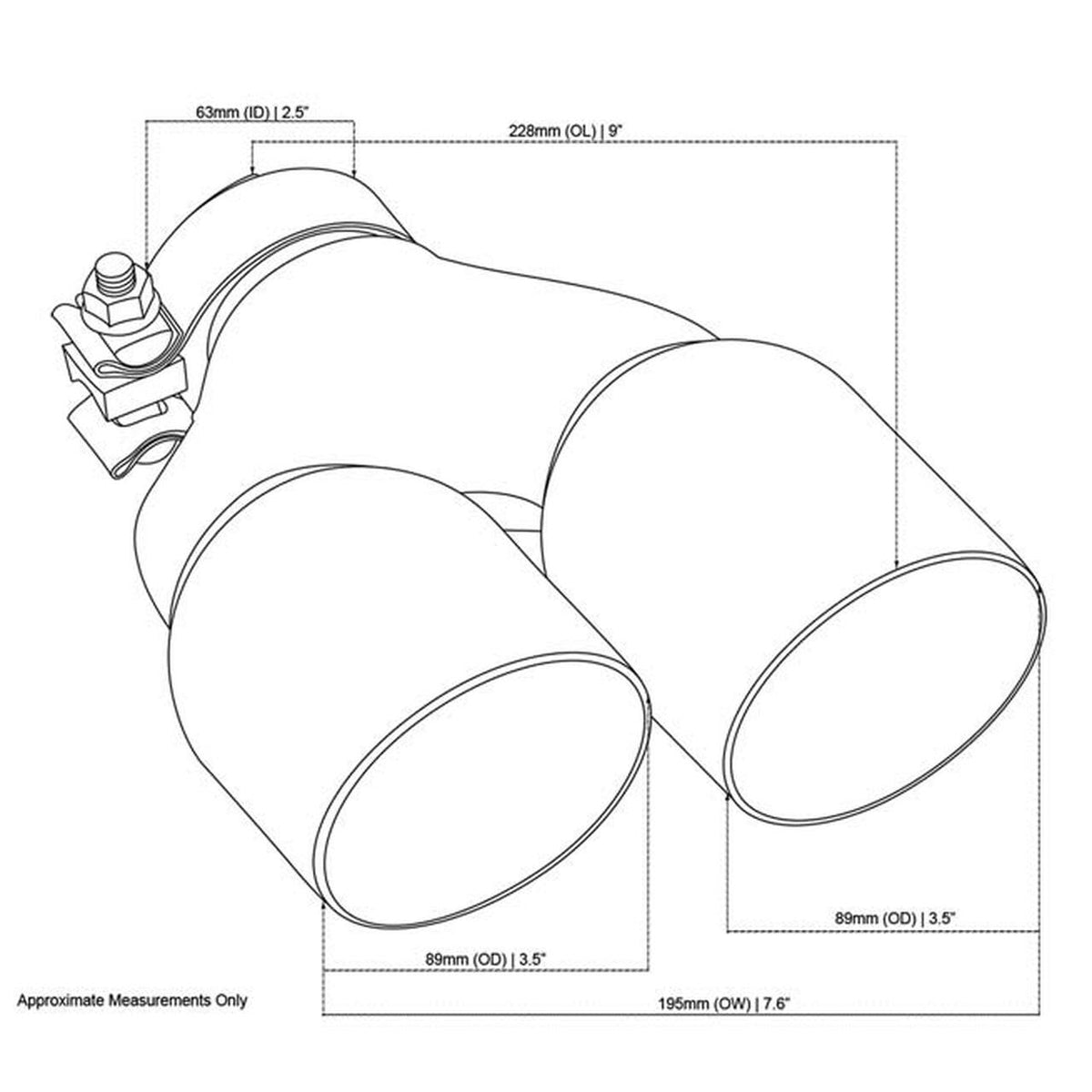 Exhaust Tip - 2.5 Inch In - Dual 3.5" Out - 9" Long LHS (Y-Piece - Inner Cone - Stainless Steel)