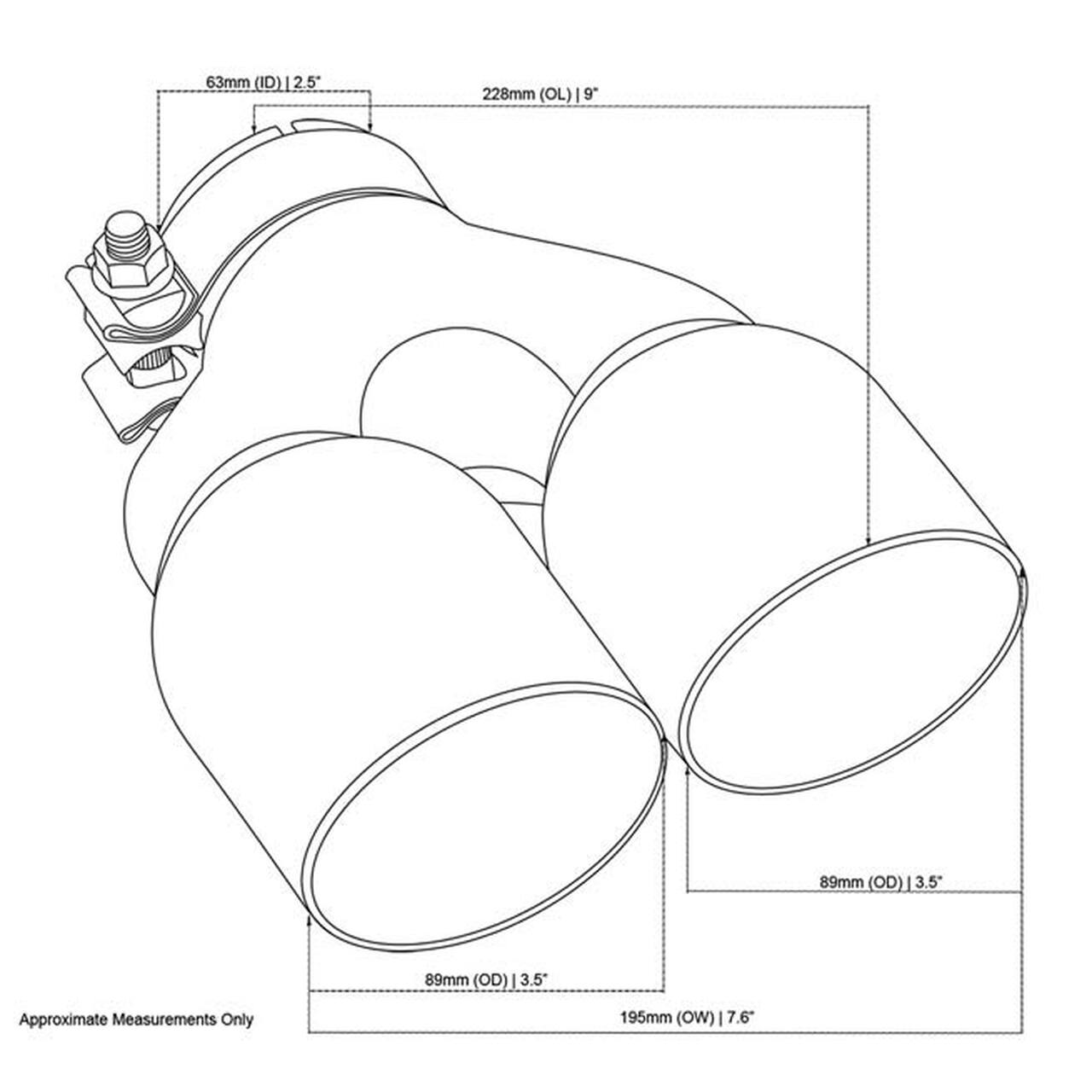 Exhaust Tip - 2.5 Inch In - Dual 3.5" Out - 9" Long RHS (Y-Piece - Inner Cone - Stainless Steel)