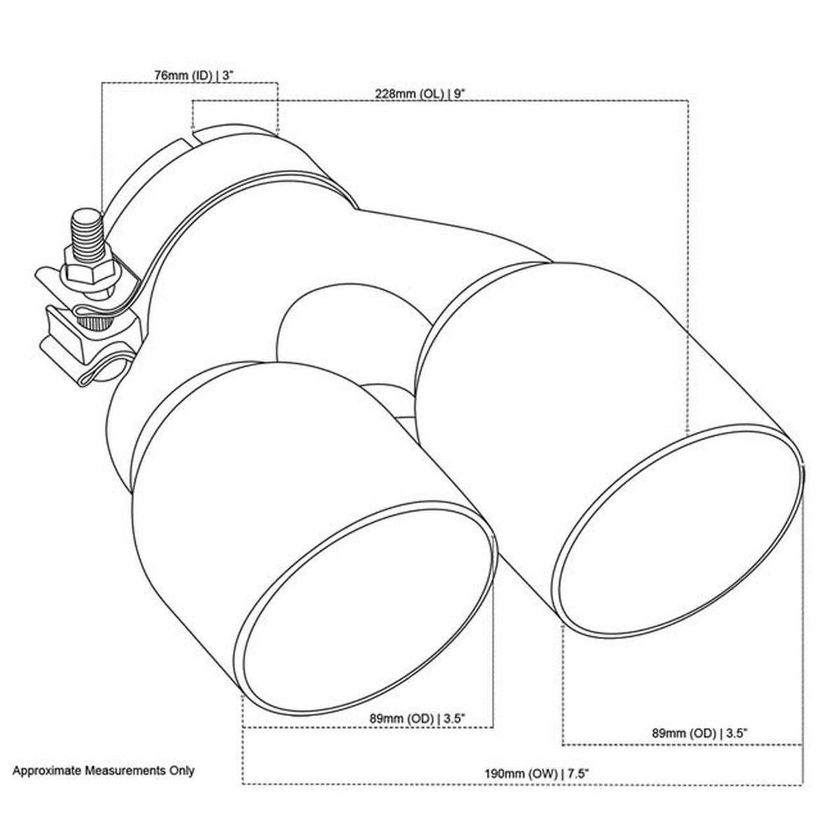 Exhaust Tip - 3 Inch In - Dual 3.5 Inch Out - 9" Long LHS (Y-Piece - Inner Cone - 304 Black Chrome)