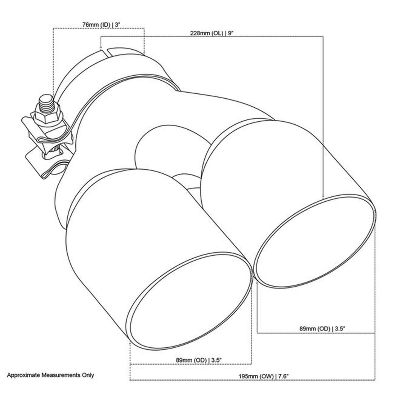 Exhaust Tip - 3 Inch In - Dual 3.5" Out - 9" Long RHS (Y-Piece - Inner Cone - Stainless Steel)