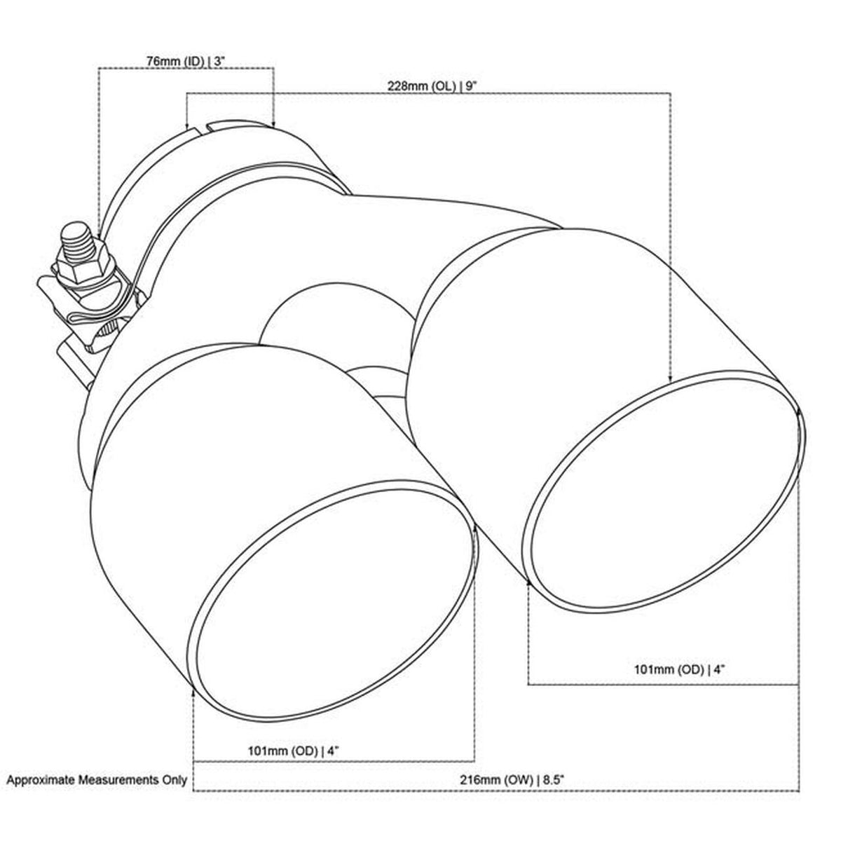 Exhaust Tip - 3 Inch In - Dual 4 Inch Out - 9" Long LHS (Y-Piece - Inner Cone - 304 Black Chrome)